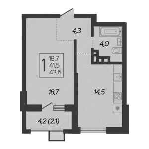 1 комнатная 43.6м²