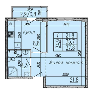 1 комнатная 37.8м²