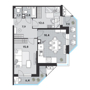 2 комнатная 70.6м²