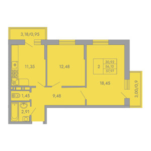 2 комнатная 57.97м²