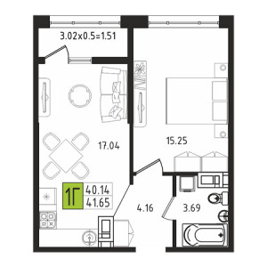 1 комнатная 41.65м²