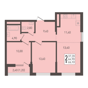 2 комнатная 66.1м²