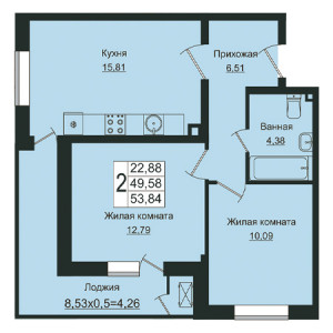 2 комнатная 53.84м²