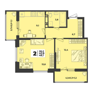 2 комнатная 48.1м²