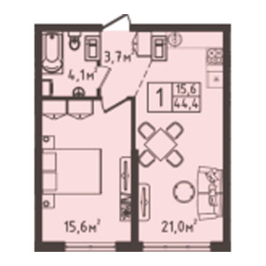 1 комнатная 44.4м²