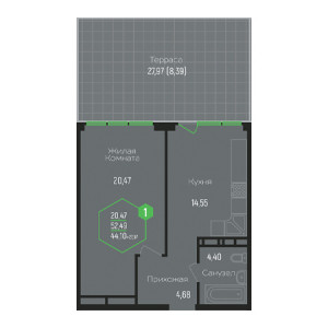 1 комнатная 44.1м²