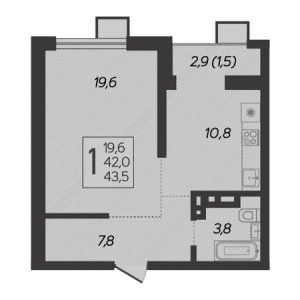 1 комнатная 43.5м²