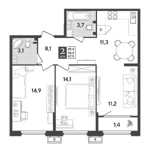 2 комнатная 67.5м²