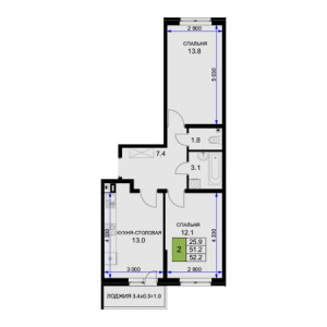 2 комнатная 52.2м²