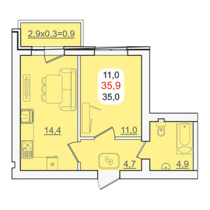 1 комнатная 35.9м²