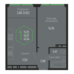 1 комнатная 43.94м²