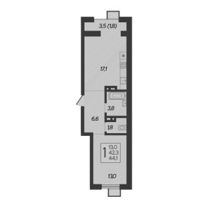 1 комнатная 44.1м²