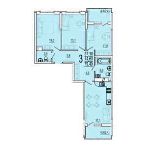 3 комнатная 79.4м²