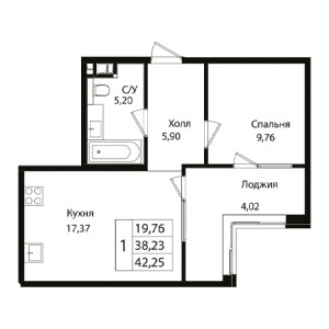 1 комнатная 42.25м²