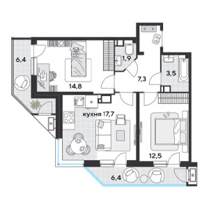 2 комнатная 70.5м²