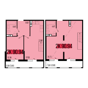 2 комнатная 90.94м²