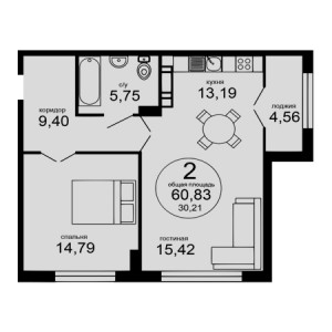 2 комнатная 60.83м²