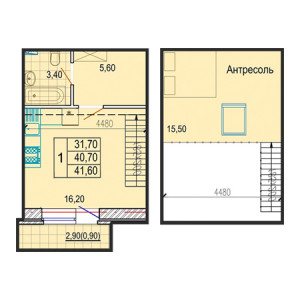 1 комнатная 41.6м²