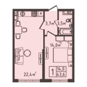 1 комнатная 43.6м²