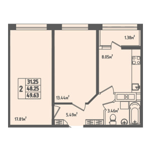 2 комнатная 49.63м²