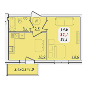 1 комнатная 32.1м²