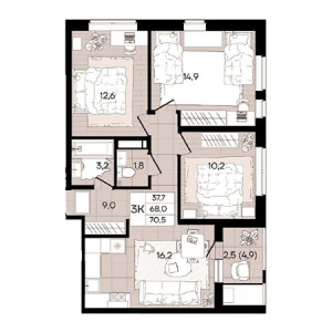 3 комнатная 70.5м²