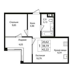 1 комнатная 42.22м²