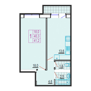 1 комнатная 41.2м²