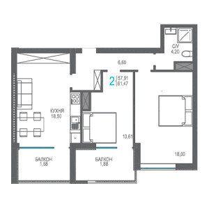 2 комнатная 61.47м²