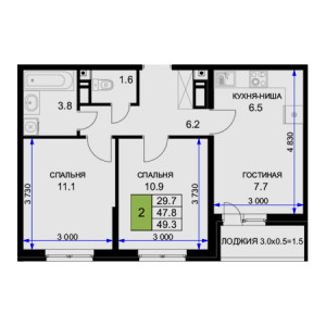 2 комнатная 49.3м²