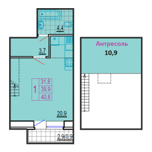 1 комнатная 40.8м²