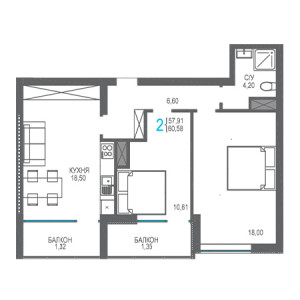 2 комнатная 60.58м²