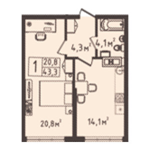 1 комнатная 43.3м²