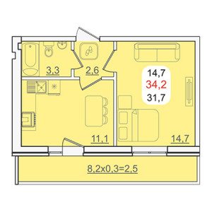 1 комнатная 34.2м²