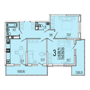 3 комнатная 73.3м²