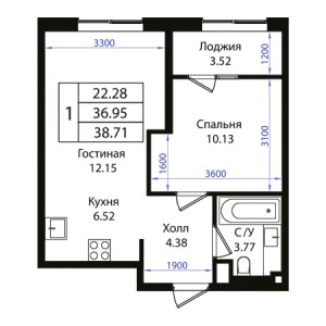 1 комнатная 38.71м²