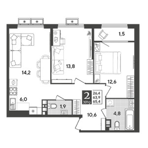 2 комнатная 65.4м²