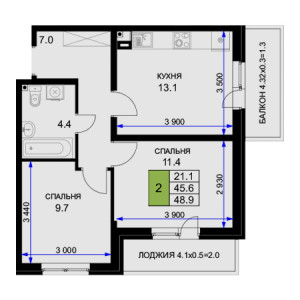 2 комнатная 48.9м²