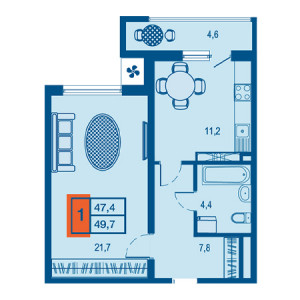 1 комнатная 49.7м²