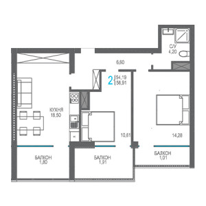 2 комнатная 58.91м²