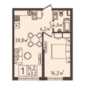 1 комнатная 43.2м²