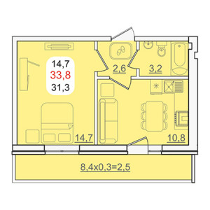 1 комнатная 33.8м²