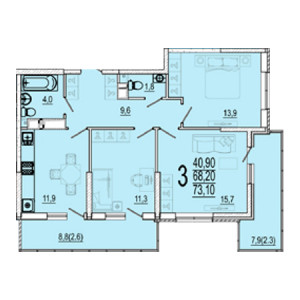 3 комнатная 73.1м²