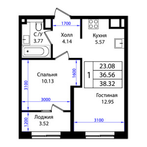 1 комнатная 38.32м²