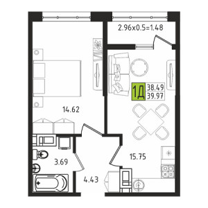 1 комнатная 39.97м²