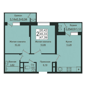 2 комнатная 47.39м²