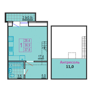 1 комнатная 37.8м²