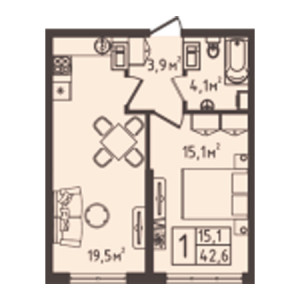 1 комнатная 42.6м²