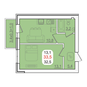 1 комнатная 33.5м²