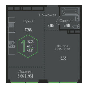 1 комнатная 43.71м²